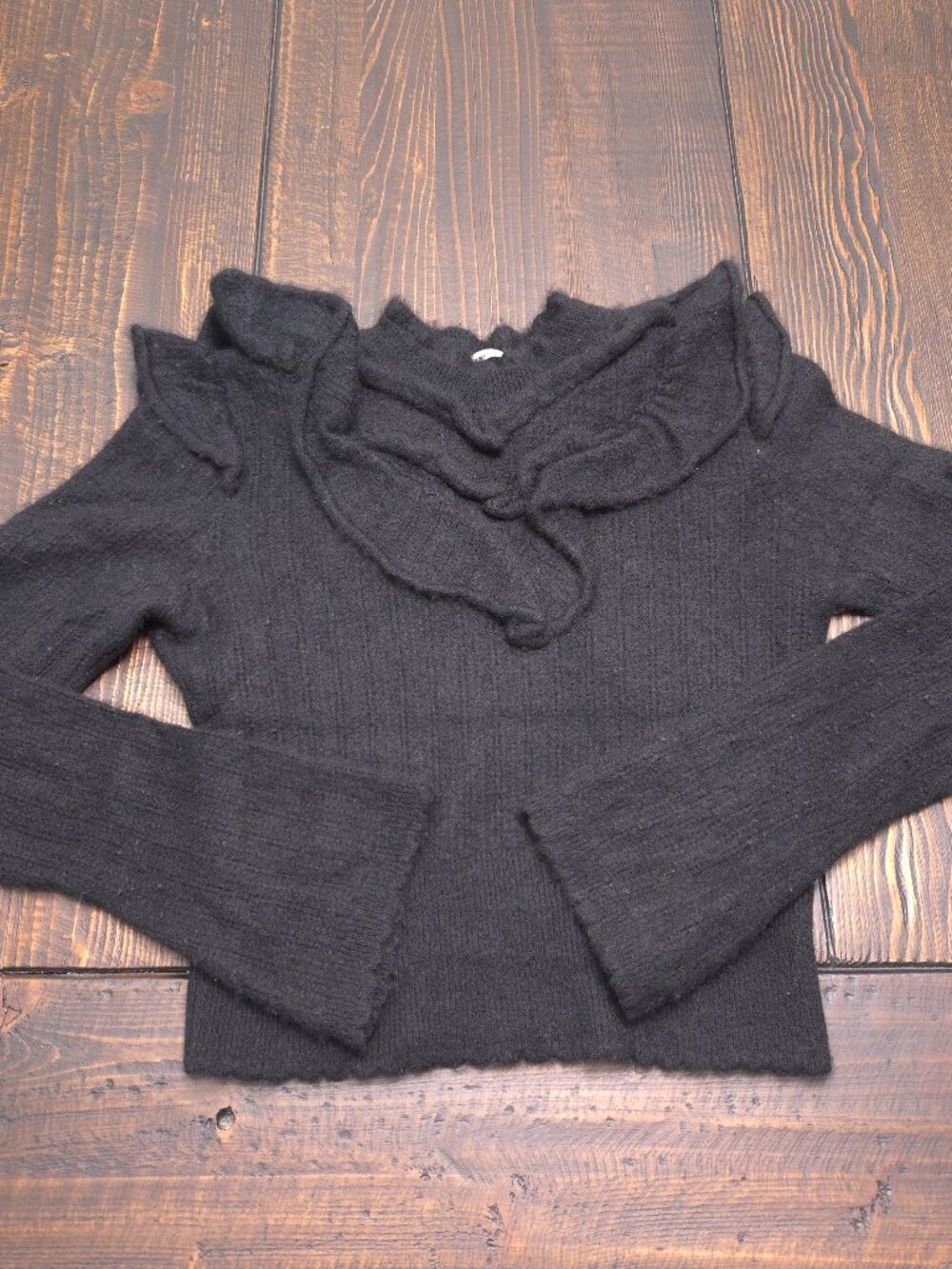 Anthropologie Cashmere Collection Sweater Womens XS Black Ruffle Bell Sleeve